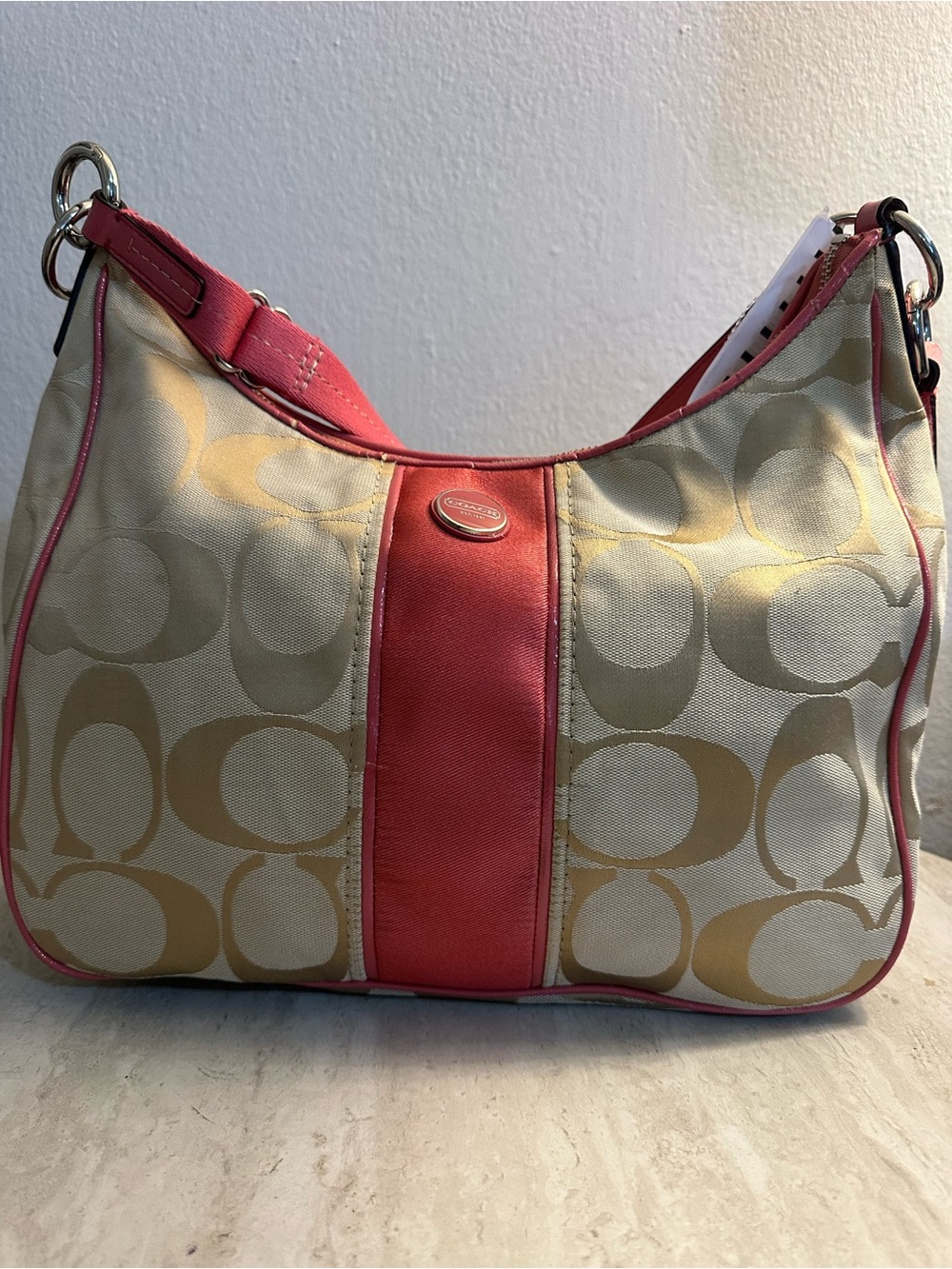 Coach Signature Stripe Hobo Shoulder Bag Khaki Coral Pink